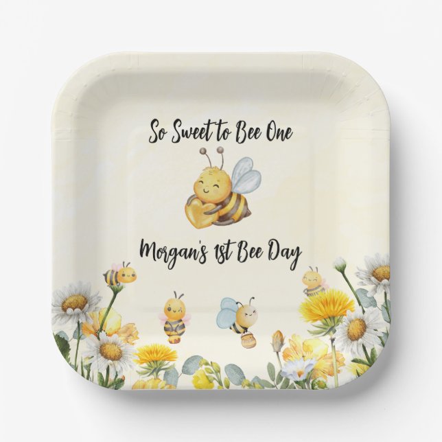 Wildflower So Sweet Bee One 1st Bee Day Birthday Paper Plate (Front)