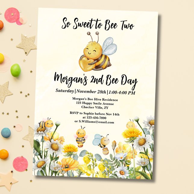 Wildflower So Sweet Bee Two 2nd Bee Day Birthday Invitation (Creator Uploaded)
