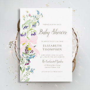 Wildflower Soft Blooms Pink Bow Girl Baby Shower Invitation