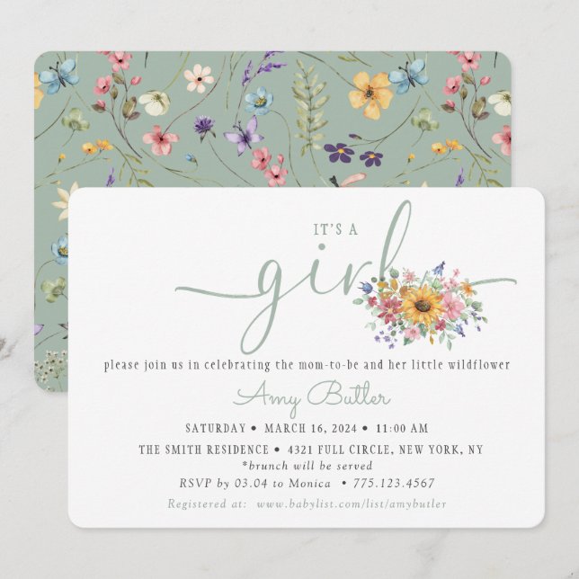 Wildflower Solid Green Shower Book Invitation (Front/Back)