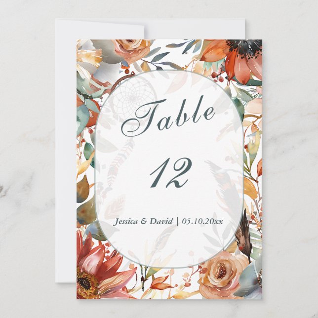 Wildflower Spirit Boho Wedding Table Number (Front)