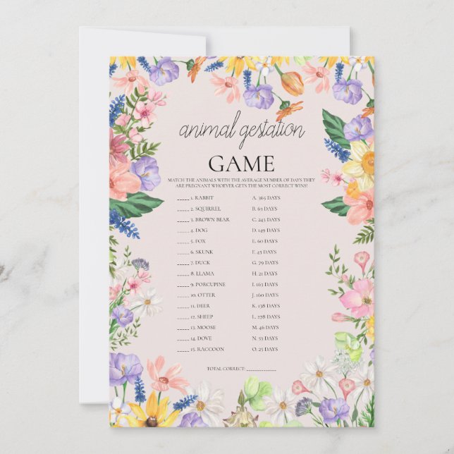 Wildflower Spring Animal Pregnancy Game Card (Front)
