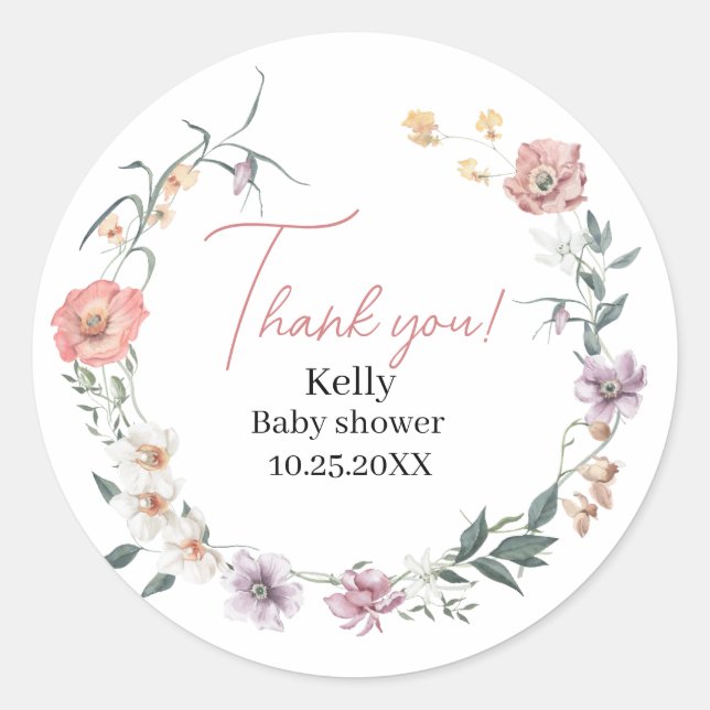 Wildflower spring Baby shower thank you Classic Round Sticker (Front)