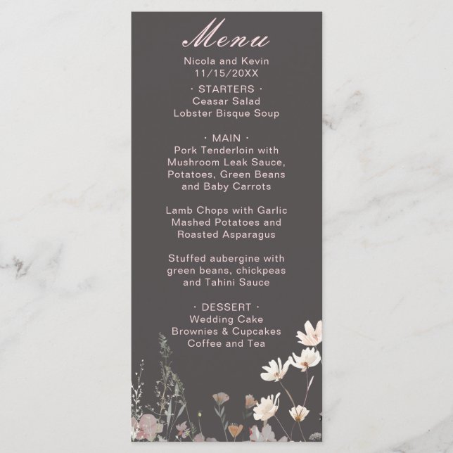 Wildflower Spring Blush Pink Floral Wedding Menu (Front)