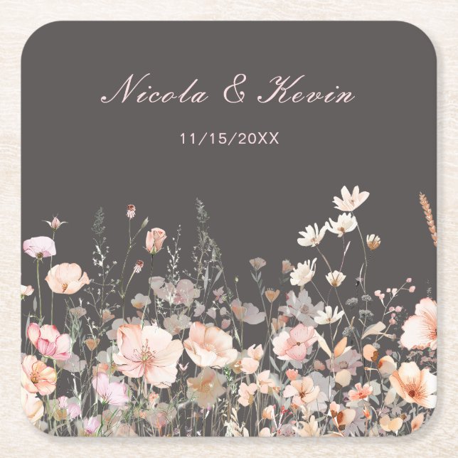 Wildflower Spring Blush Pink Floral Wedding Square Paper Coaster (Front)