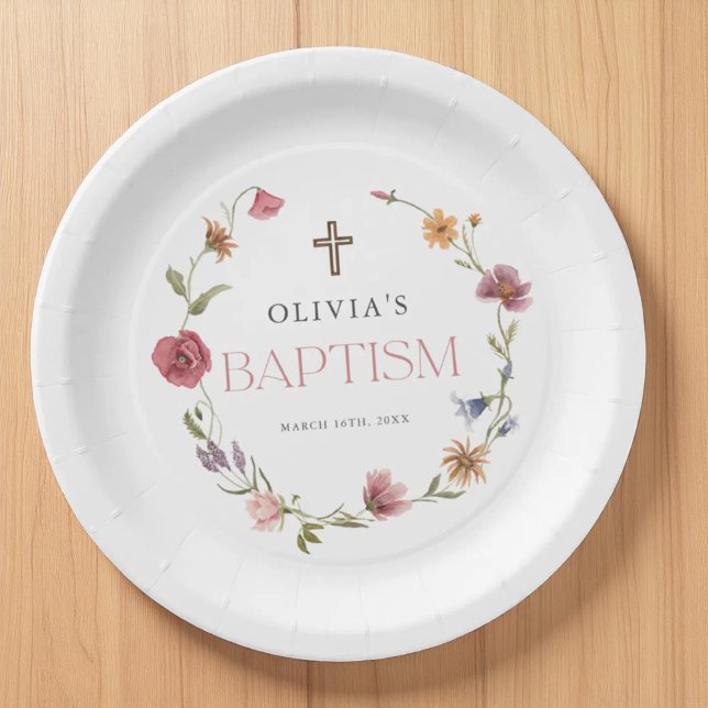 Wildflower Spring Floral Girl Baptism Party Paper Plate (Creator Uploaded)