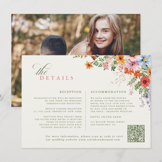 Wildflower Spring Meadow Garden QR code Wedding Enclosure Card (Front/Back)