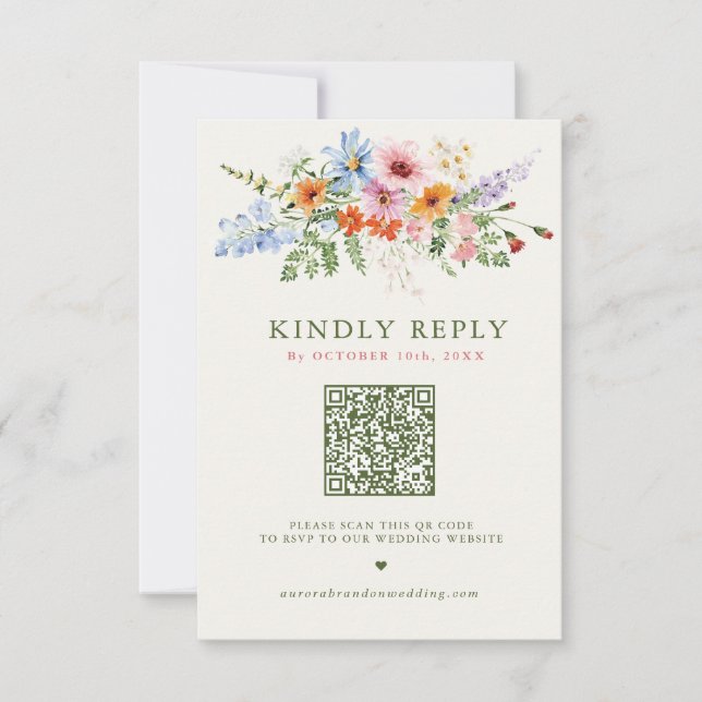 Wildflower Spring Meadow Garden QR code Wedding RSVP Card (Front)