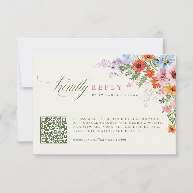Wildflower Spring Meadow Garden QR code Wedding    RSVP Card (Front)