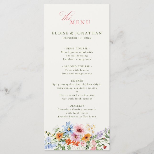 Wildflower Spring Meadow Garden Rustic Wedding Menu (Front)