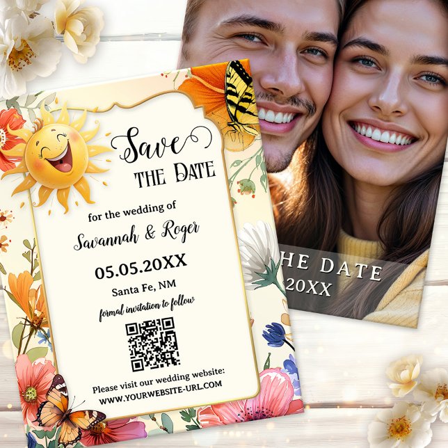 Wildflower Spring Photo Save the Date Announcement (Save the Date card featuring a whimsical watercolor wildflower design with laughing sun. Plus photo)