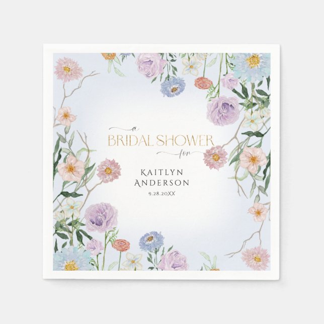 Wildflower Spring Pink Floral w Blue Bridal Shower Napkin (Front)
