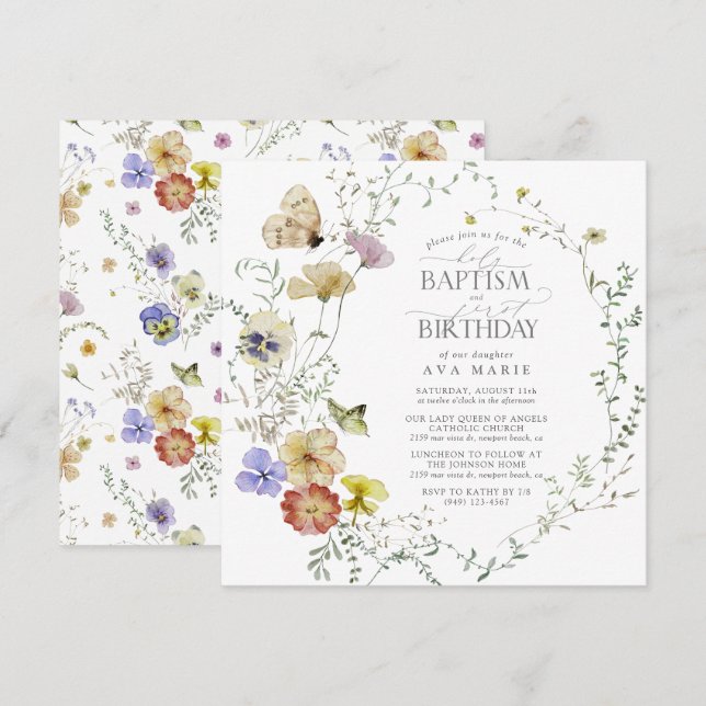 Wildflower Spring Summer Baptism 1st Birthday Invitation (Front/Back)