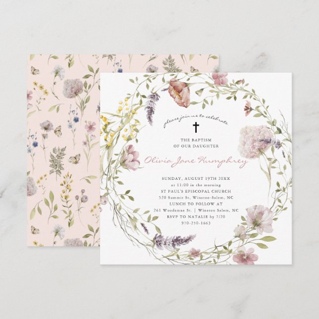 Wildflower Spring Summer Floral Baptism Invitation (Front/Back)