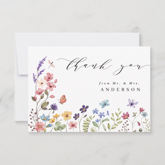 Wildflower Spring Summer Floral Mr and Mrs Thank You Card (Front)