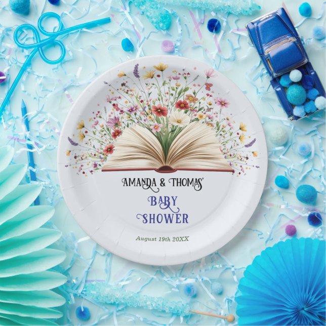 Wildflower Storybook Blue Baby Shower  Paper Plate (Party)