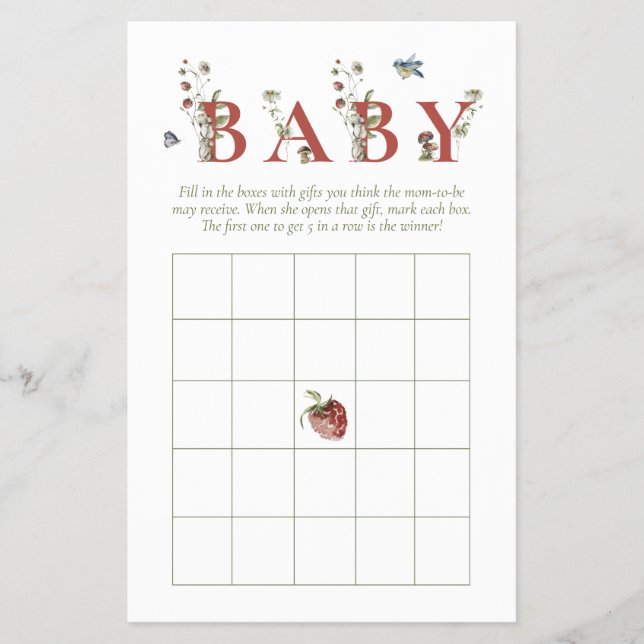 Wildflower Strawberry Baby Shower Bingo Game Flyer (Front)