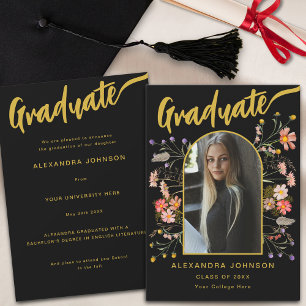 Wildflower Stylish Gold Script Graduate Photo Announcement