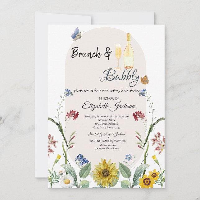Wildflower Sunflower Butterflies Brunch & Bubbly  Invitation (Front)