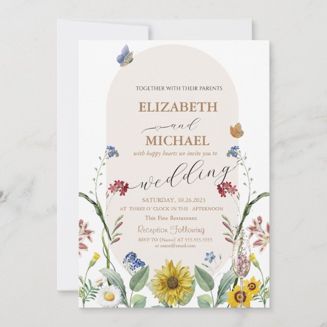 Wildflower Sunflower Butterflies Champagne Glass  Invitation (Front)