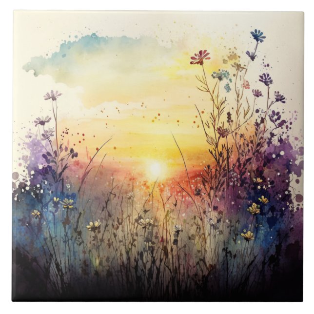 Wildflower Sunset Watercolor Artwork Tile (Front)