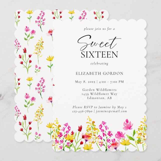 Wildflower Sweet 16 Birthday Watercolor  Invitation (Front/Back)
