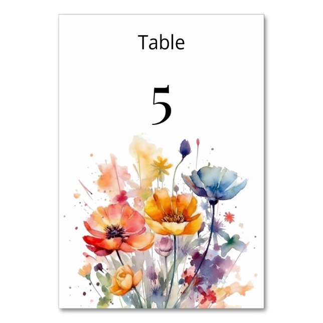 Wildflower Symphony: Colourful Spring Watercolor  Table Number (Front)