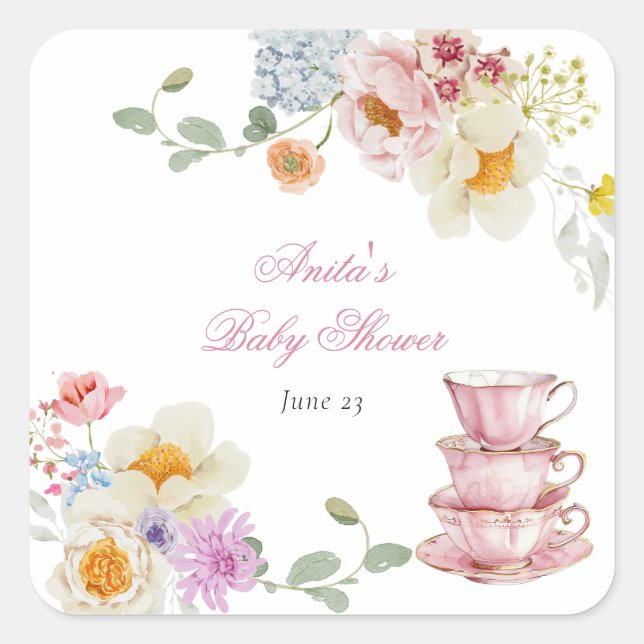 Wildflower Tea Baby Shower Square Sticker (Front)