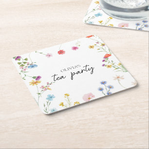 Wildflower Tea Party Bridal shower Square Paper Coaster