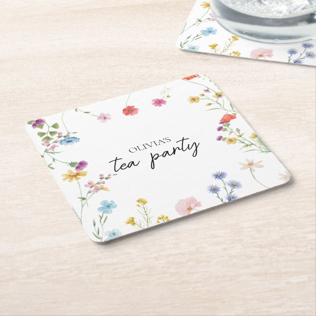 Wildflower Tea Party Bridal shower Square Paper Coaster (Angled)