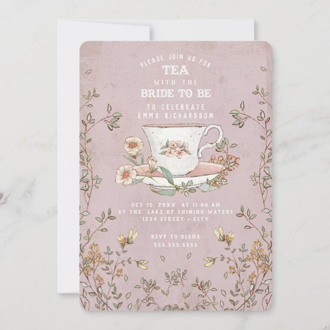 Wildflower Tea Party Dusty Pink Bridal Shower  Invitation (Front)