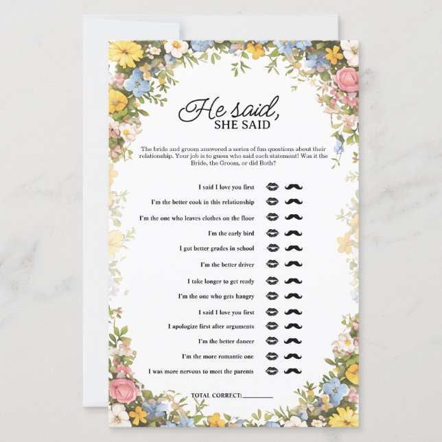 Wildflower Tea Party He Said She Said Bridal Game (Front)
