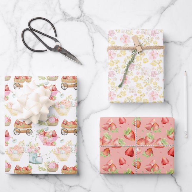 Wildflower Teacup Strawberry Field Nursery Wrapping Paper Sheet (Front)