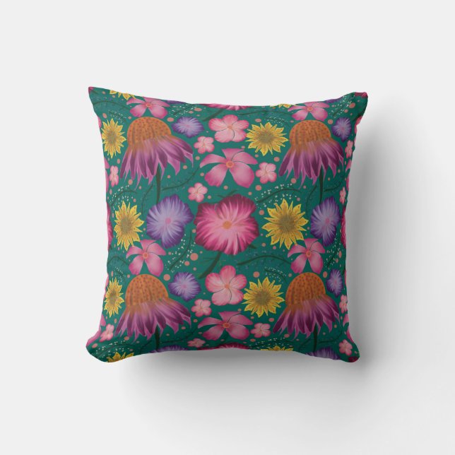 Wildflower Teal Floral Pattern Cushion (Front)