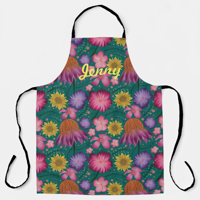 Wildflower Teal Floral Personalised Apron (Front)