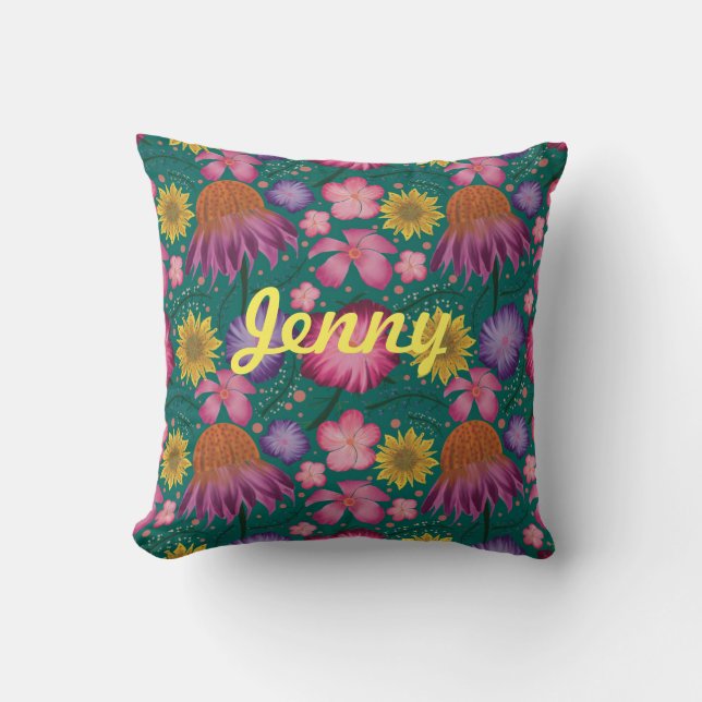 Wildflower Teal Floral Personalised Cushion (Front)