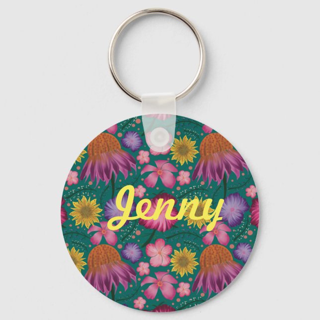 Wildflower Teal Floral Personalised Key Ring (Front)