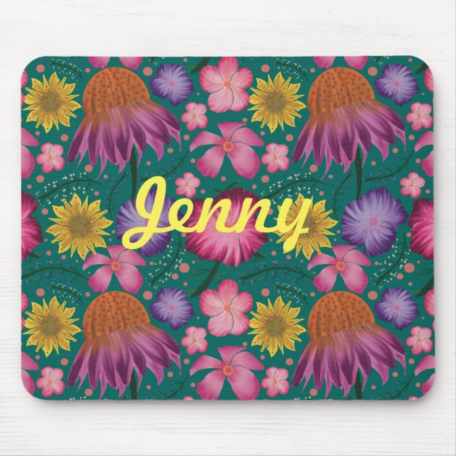 Wildflower Teal Floral Personalised Mouse Mat (Front)
