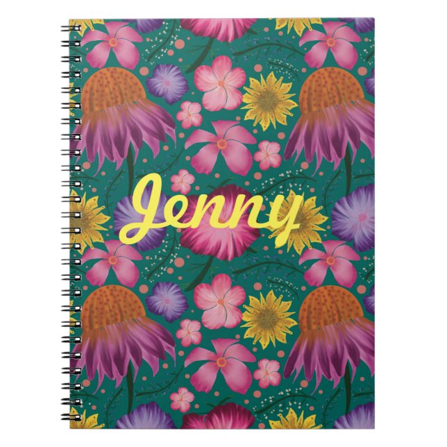 Wildflower Teal Floral Personalised Notebook (Front)