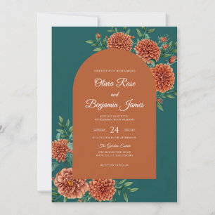 Wildflower Teal Rust Dahlia Wedding Invitation