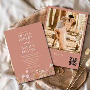 Wildflower Terracotta Boho QR Code Photo Wedding Invitation