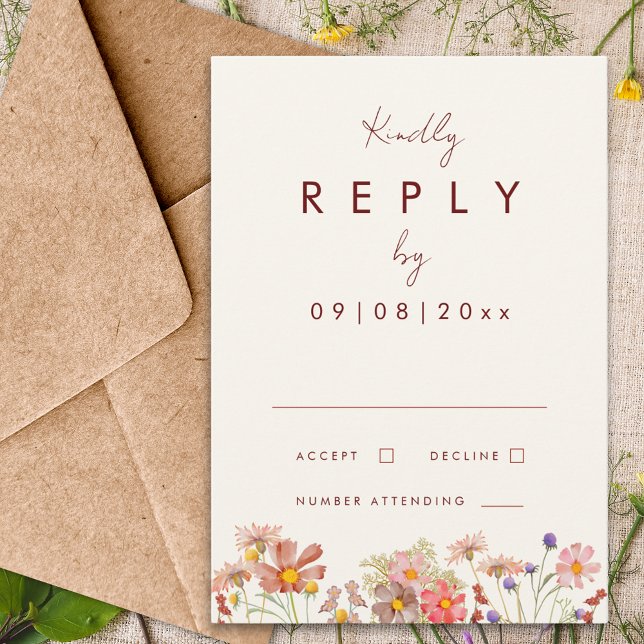 Wildflower Terracotta Fall Wedding Reply RSVP Card (Wildflower boho fall wedding burgundy burnt Orange terracotta rsvp enclosure card)