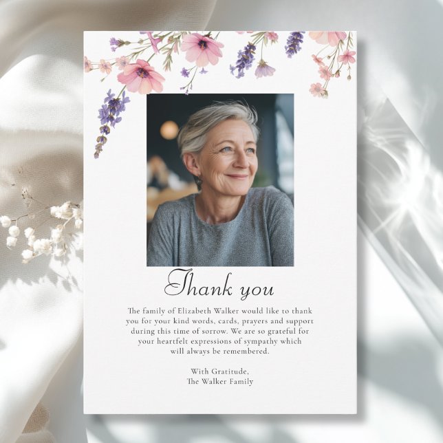 Wildflower THANK YOU Memorial Funeral Photo Card (Wildflower THANK YOU Memorial White Purple Funeral Photo Card)