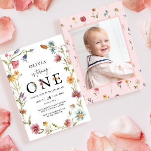 Wildflower Theme Girl 1st Birthday Photo Invitation