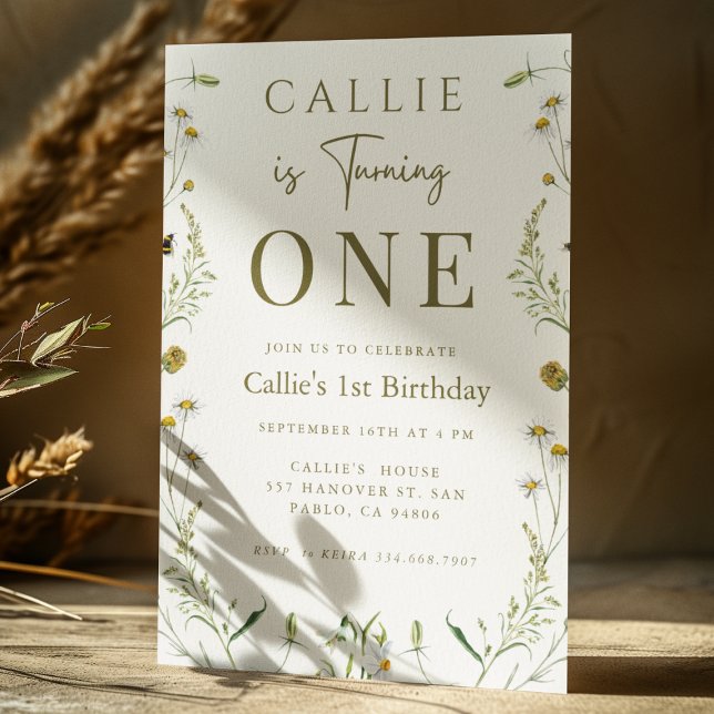 Wildflower Theme Sage Green Girl 1st Birthday Invitation (Creator Uploaded)