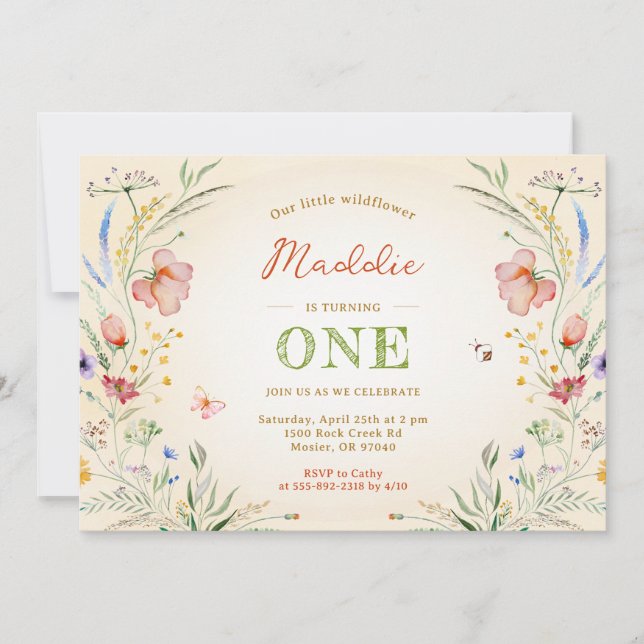 Wildflower Turning One 1st First Girl's Birthday Invitation (Front)