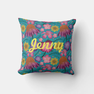 Wildflower Turquoise Floral Personalised  Cushion
