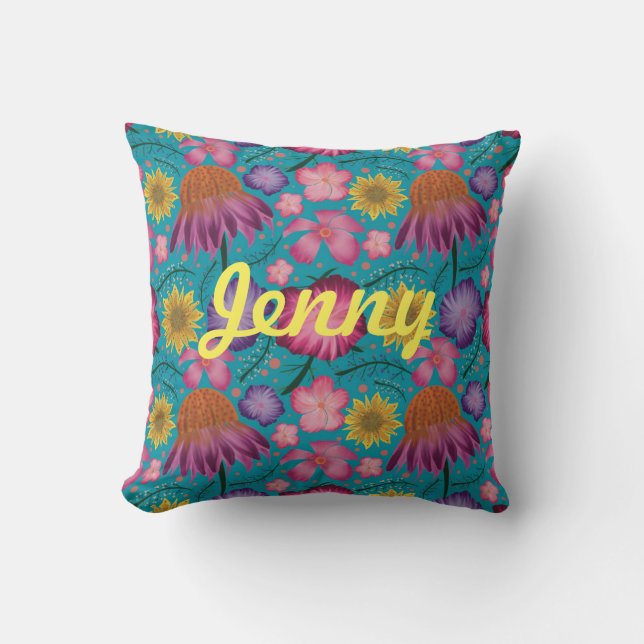 Wildflower Turquoise Floral Personalised  Cushion (Front)