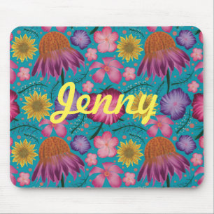 Wildflower Turquoise Floral Personalised Mouse Mat