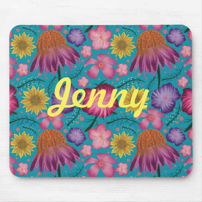 Wildflower Turquoise Floral Personalised  Mouse Mat (Front)